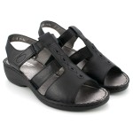 Sandały damskie na koturnie, skóra gładka licowa - czarny - Escott