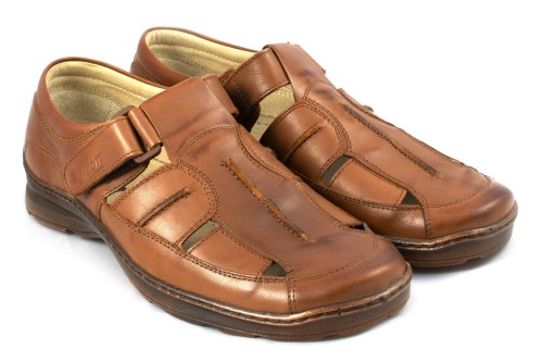 Półbuty męskie letnie, zapinane na rzep, skóra naturalna - brąz