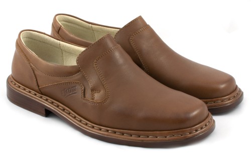 Półbuty męskie z gumką ułatwiającą wzuwanie, skóra naturalna licowa - jasny brąz