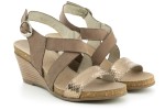 Sandały damskie na wysokim koturnie, skóra gładka licowa - beż i złoty - Escott